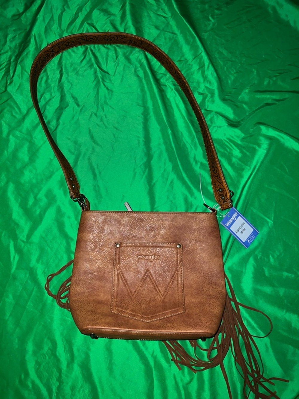 NWT Wrangler Brown Fringe Crossbody with Embossed Floral Panel Western Feel - Picture 2 of 10